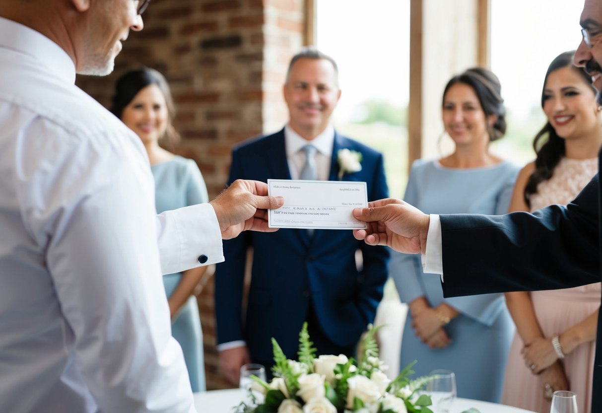 A father handing over a check to a wedding planner