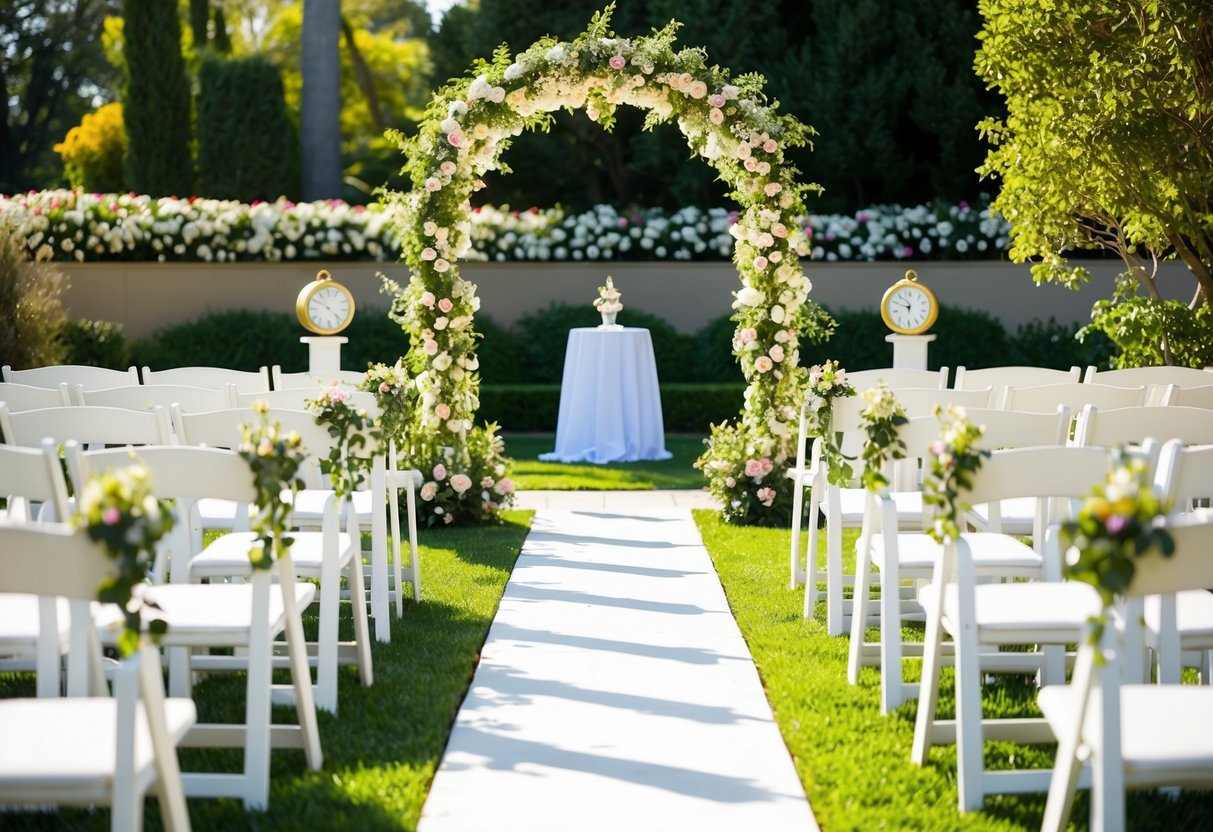 A sunlit garden with a flower-covered arch and rows of white chairs facing an altar adorned with fresh blooms. A clock on a nearby table reads 11am