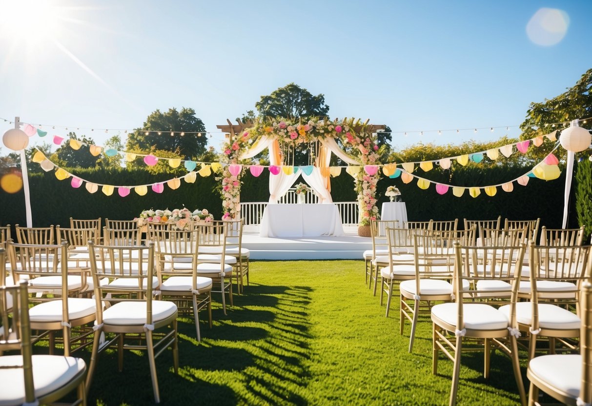 A bright, sunny outdoor setting with a decorated altar and rows of chairs. A festive atmosphere with colorful decorations and a sense of anticipation for the upcoming wedding ceremony