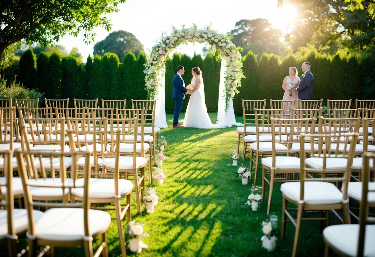 A wedding rehearsal in a sunlit garden with a flower-adorned arch and rows of empty chairs
