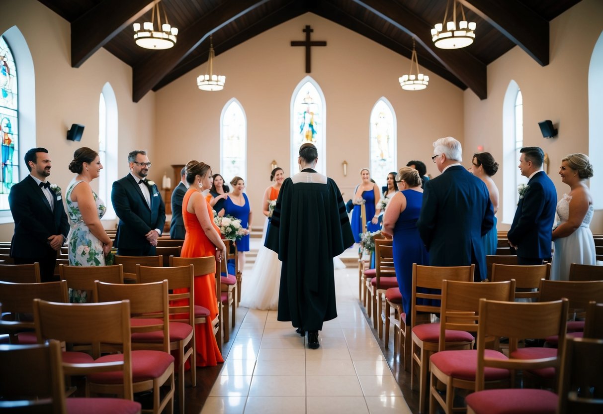 A group gathers in a church, arranging chairs and practicing walking down the aisle. The officiant directs the rehearsal, ensuring everyone knows their roles
