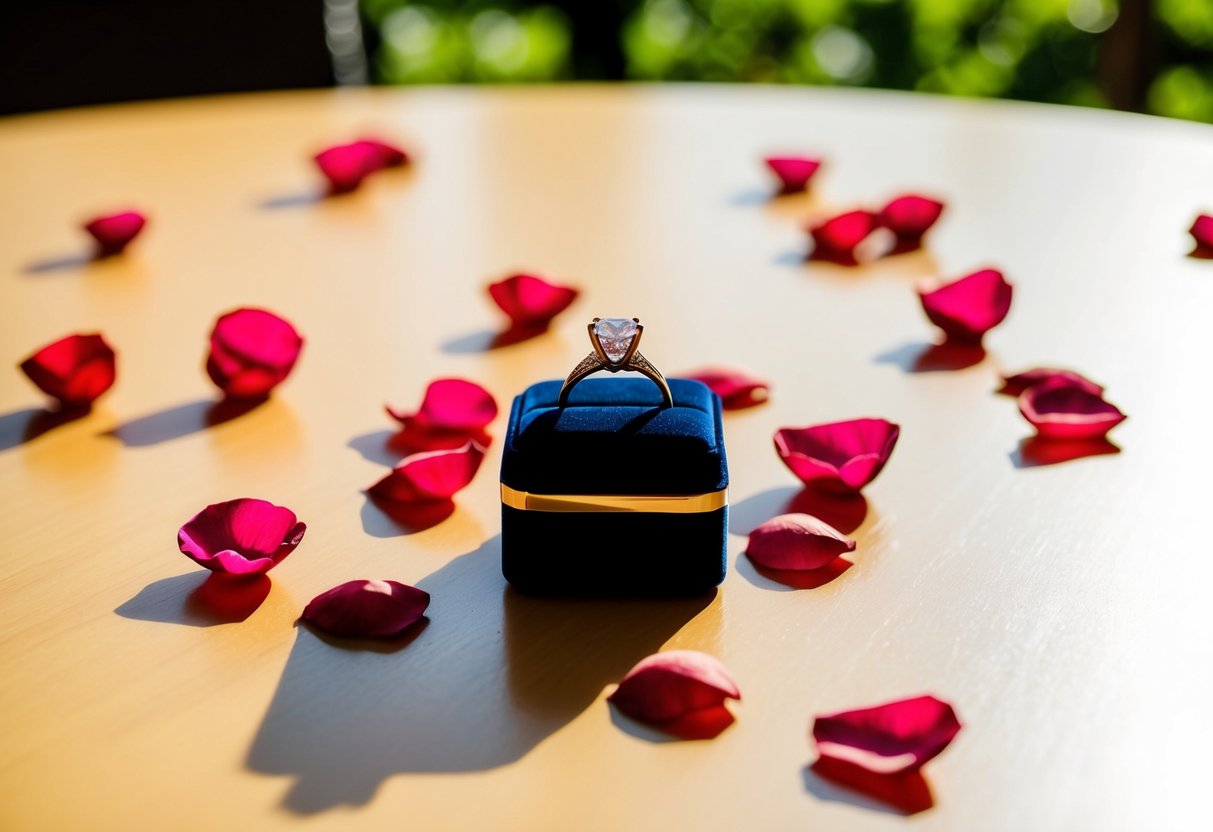 A ring box on a sunlit table, surrounded by scattered rose petals