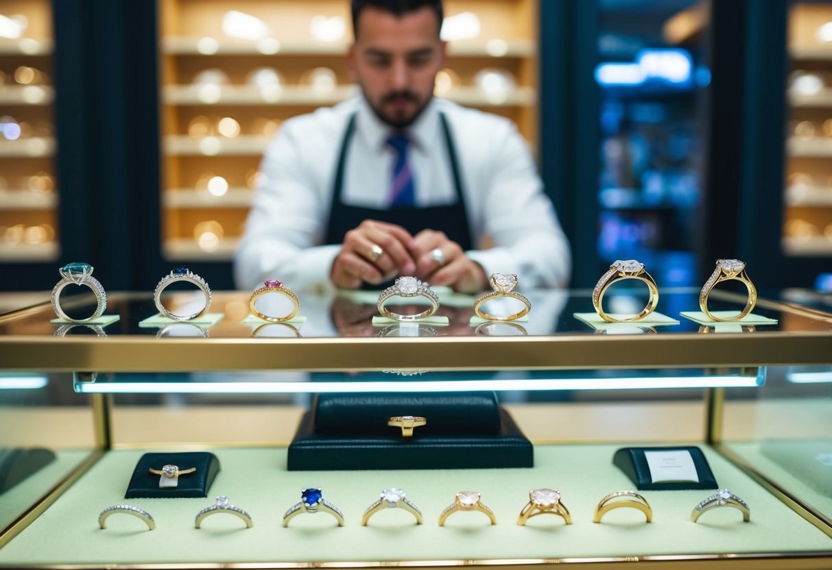 A jeweler displaying a variety of wedding rings in a well-lit glass display case