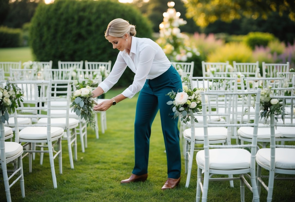 A wedding planner arranging chairs and decorations in a serene garden setting for a wedding rehearsal