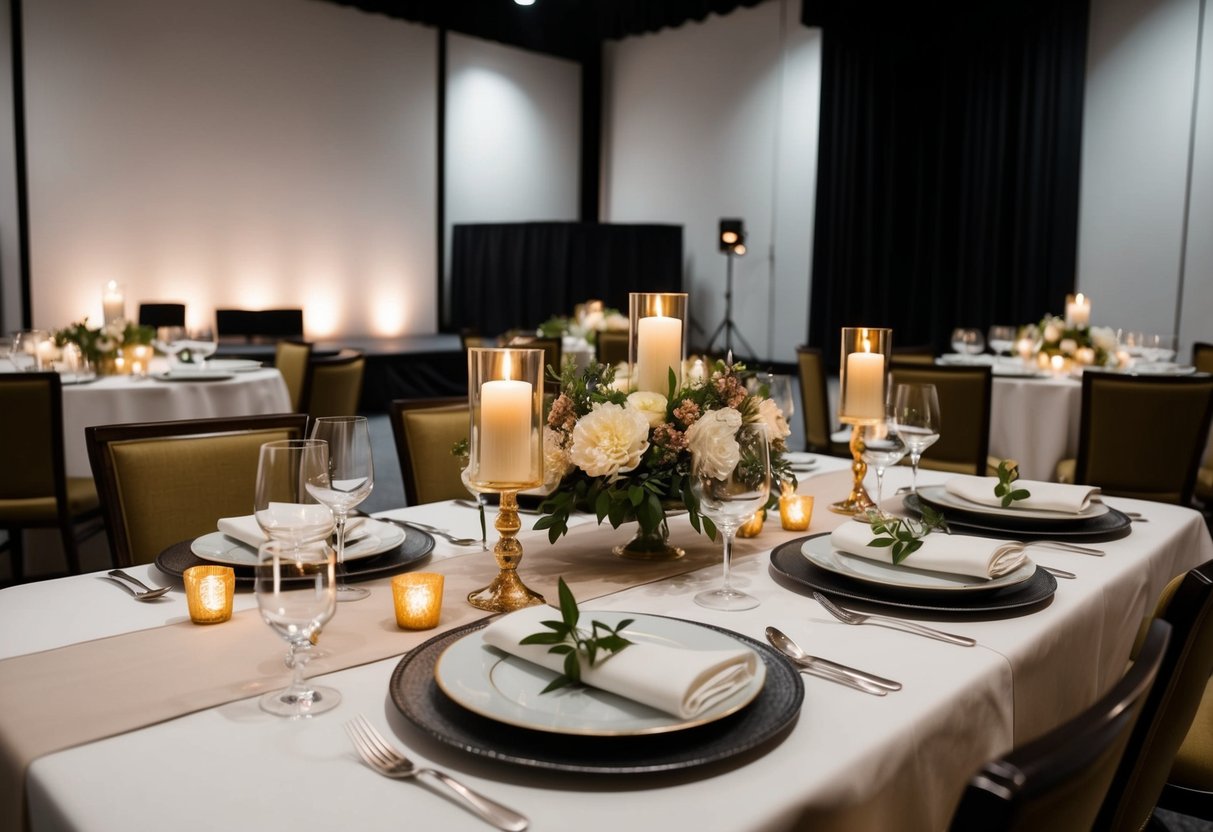 A table set for a dinner with elegant place settings, candlelight, and a floral centerpiece. A small stage in the background suggests a rehearsal space