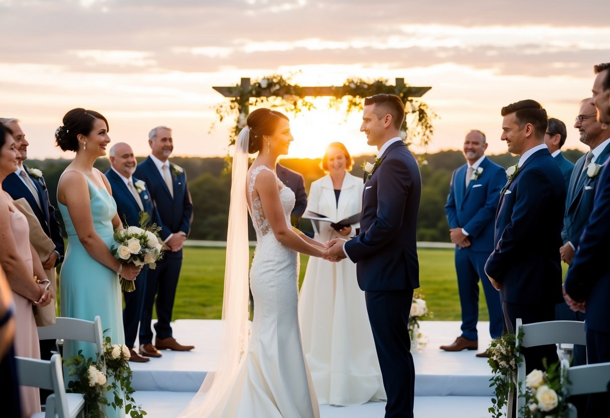 A bride and groom stand at the altar, surrounded by family and friends. The sun sets behind them as they exchange vows