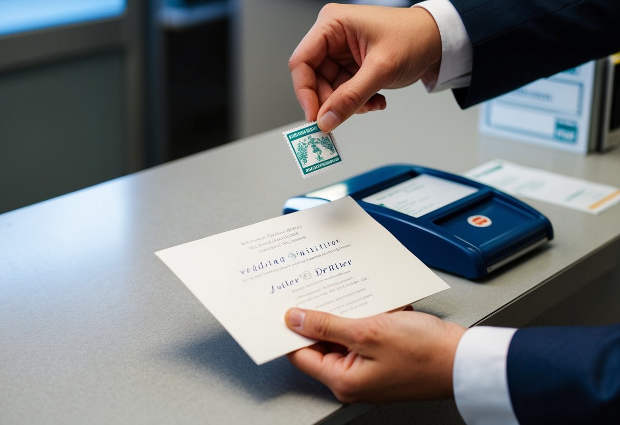 A wedding invitation with a stamp being placed on an envelope at a post office counter