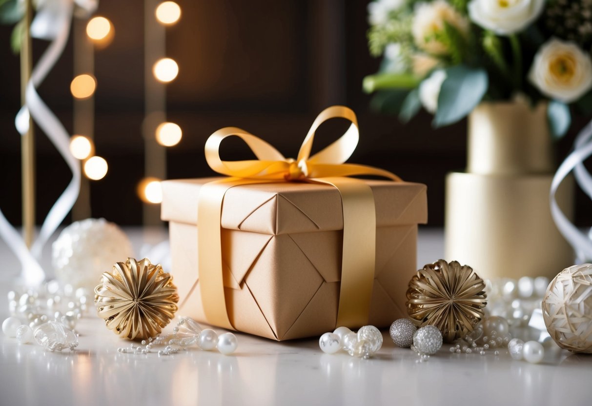 A beautifully wrapped gift box surrounded by elegant wedding decorations
