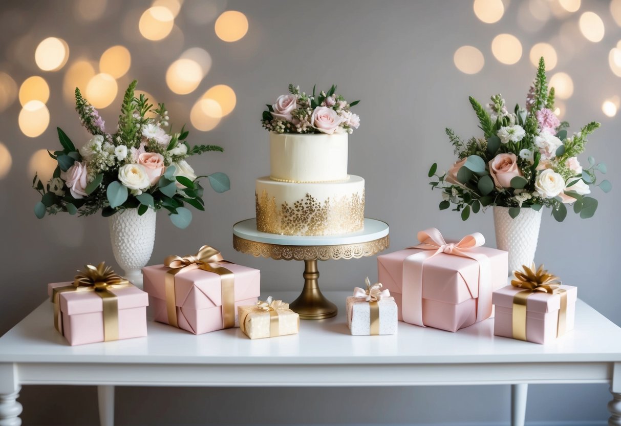 A table with wrapped gifts, a decorative cake, and floral arrangements for a bridal shower