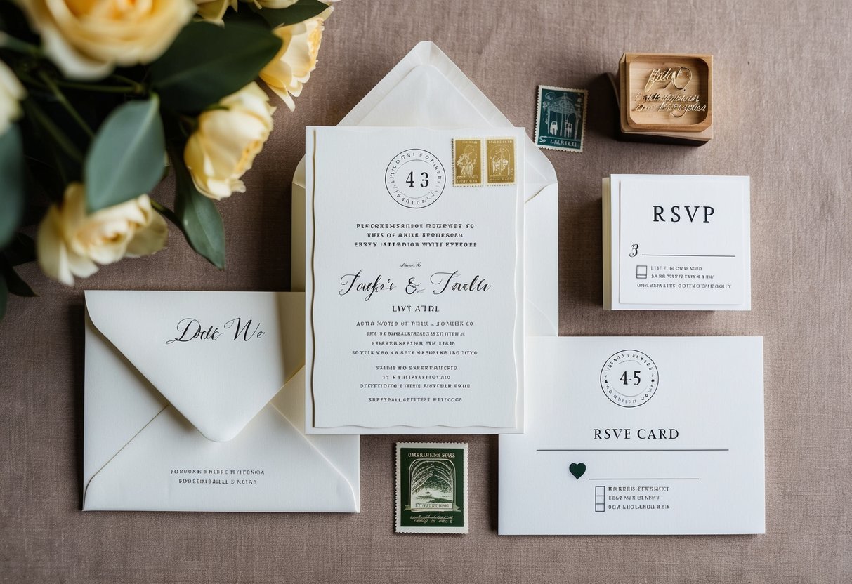 A wedding invitation suite including invitation, RSVP card, and envelope with stamp