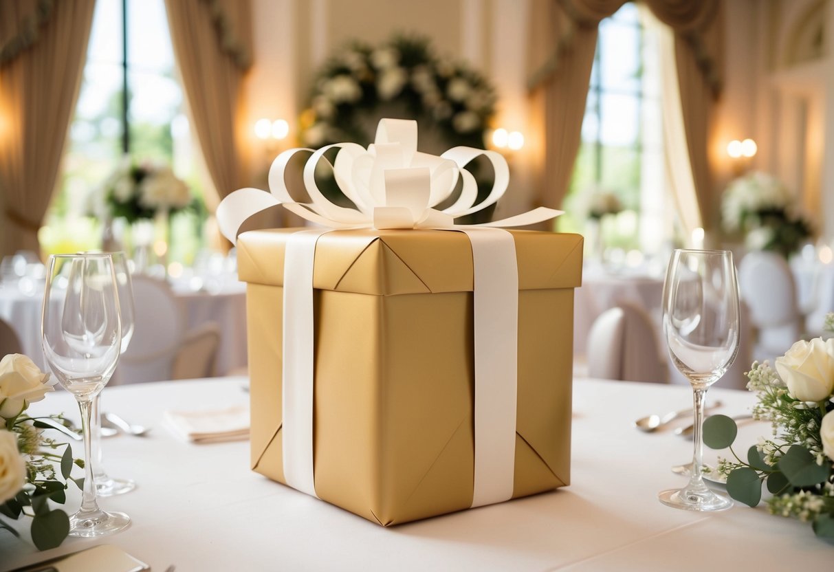 A beautifully wrapped gift box sits on a table surrounded by elegant wedding decor