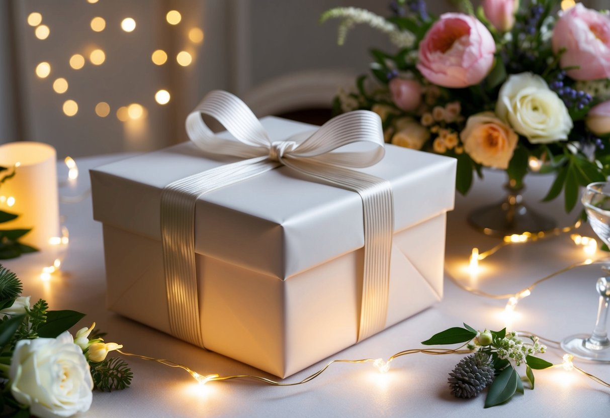 A beautifully wrapped gift box with a ribbon and bow sits on a table, surrounded by elegant floral arrangements and twinkling fairy lights