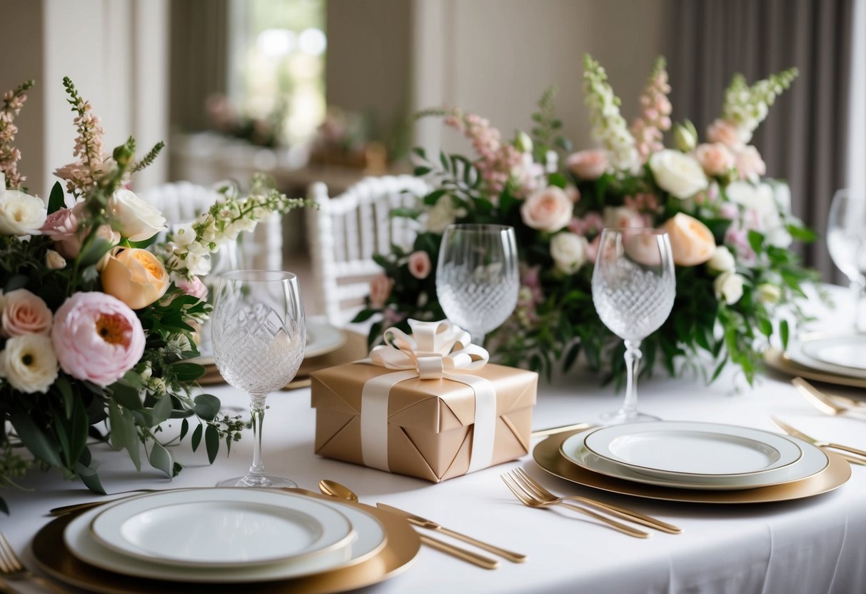 A table set with elegant tableware and a beautifully wrapped gift sits among floral decorations for a bridal shower