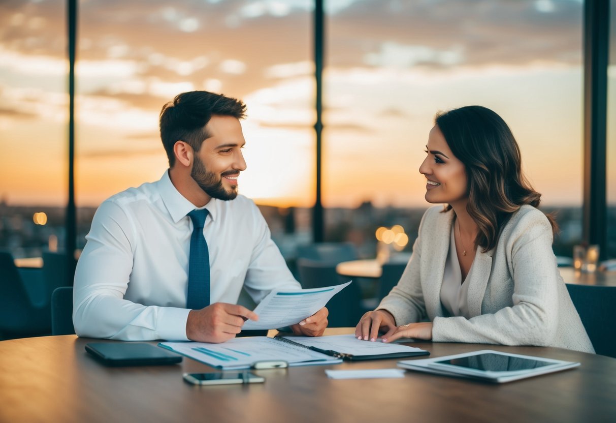 A couple sits at a table with a wedding budget spreadsheet, discussing how to allocate funds for various aspects of their big day