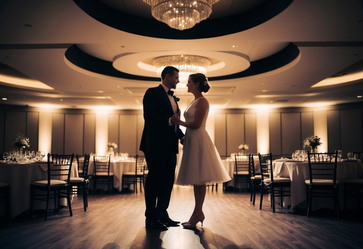 A couple stands alone on a dimly lit dance floor, surrounded by empty tables set for dinner