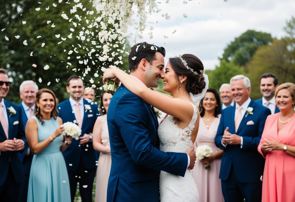 A bride and groom embrace under a shower of flower petals, surrounded by smiling guests