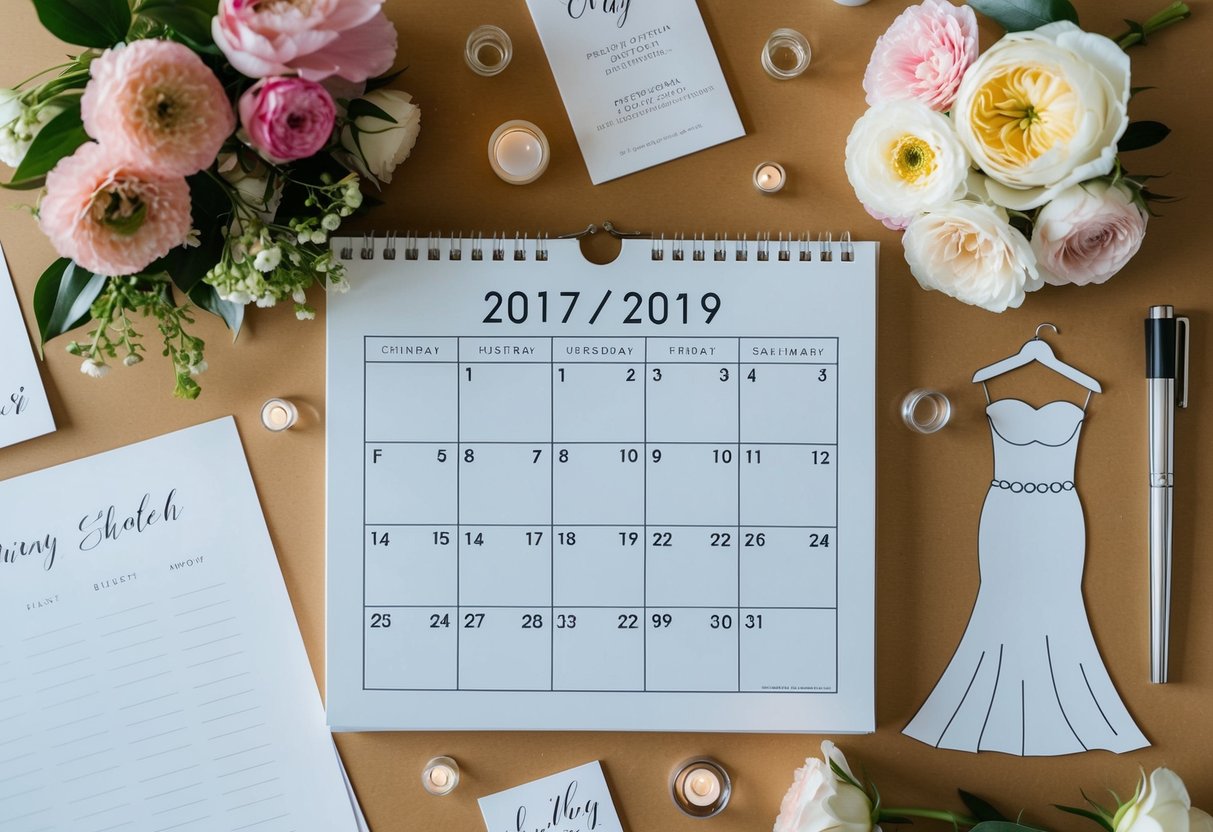 A calendar with only 5 months marked, surrounded by wedding planning materials like flowers, invitations, and a dress sketch