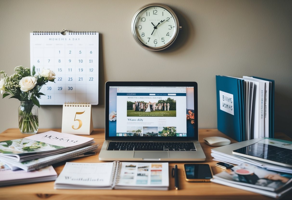 A cluttered desk with wedding magazines, calendars, and a laptop open to a wedding planning website. A clock on the wall shows the date 5 months away
