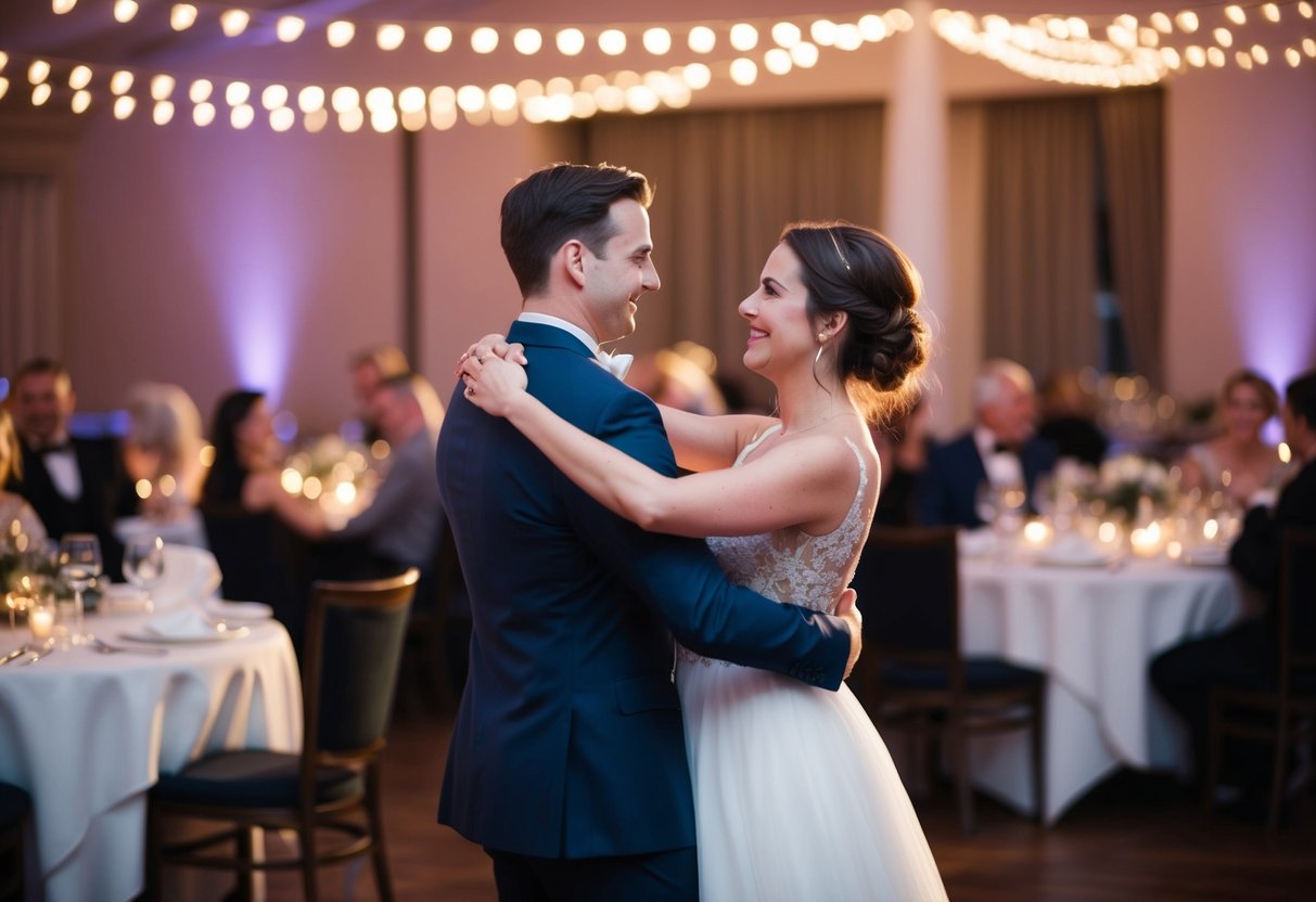 A couple dances under soft lighting, surrounded by tables set for dinner. Music fills the air, creating a romantic atmosphere