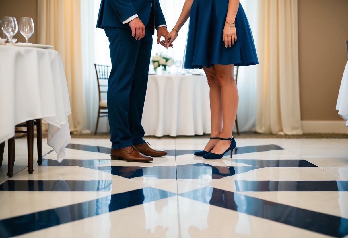 A couple stands at a crossroads, with a dinner table on one side and a dance floor on the other. They weigh the options, contemplating the pros and cons of doing the first dance before or after dinner
