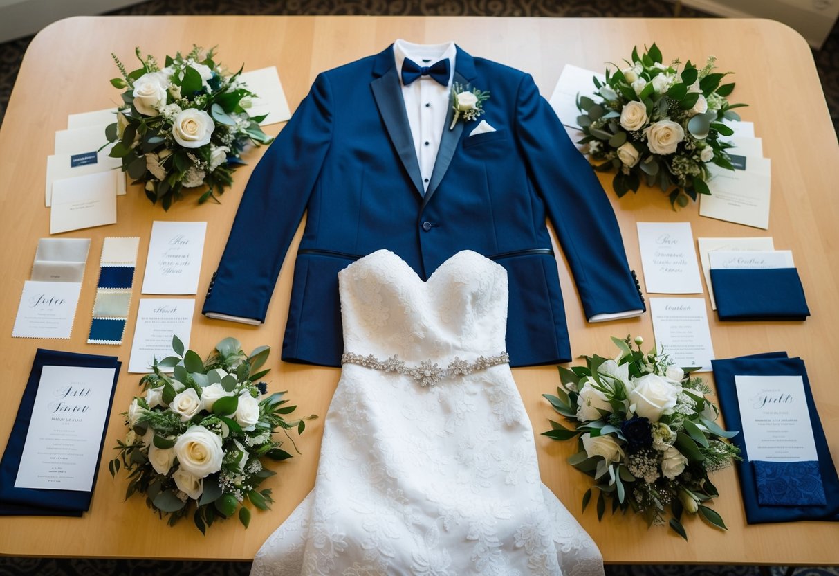 A bride and groom's attire laid out on a table, surrounded by swatches of fabric, flower arrangements, and wedding invitations