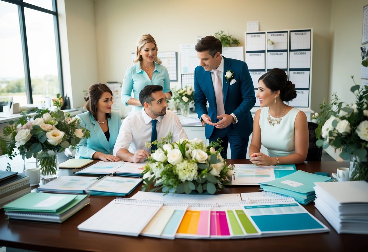 A bustling wedding planner's office with calendars, fabric swatches, and floral arrangements spread across the desk. A harried couple discusses options with the planner