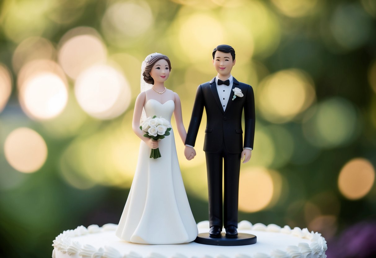 A wedding cake topper with a bride and groom figurine standing side by side, facing forward with their arms linked