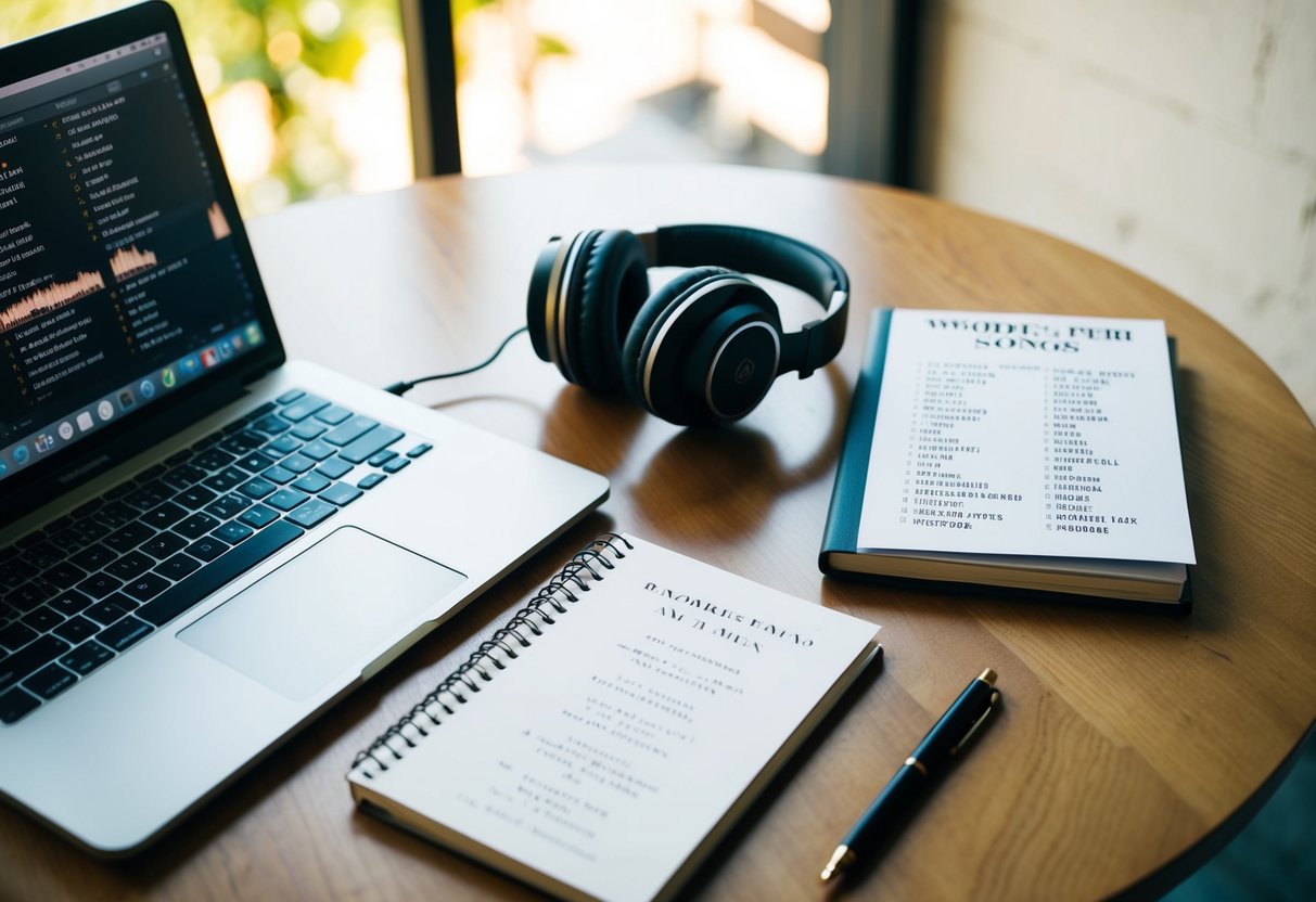 A table with a laptop, headphones, and a notebook filled with song titles. A wedding invitation and a list of requested songs are also visible
