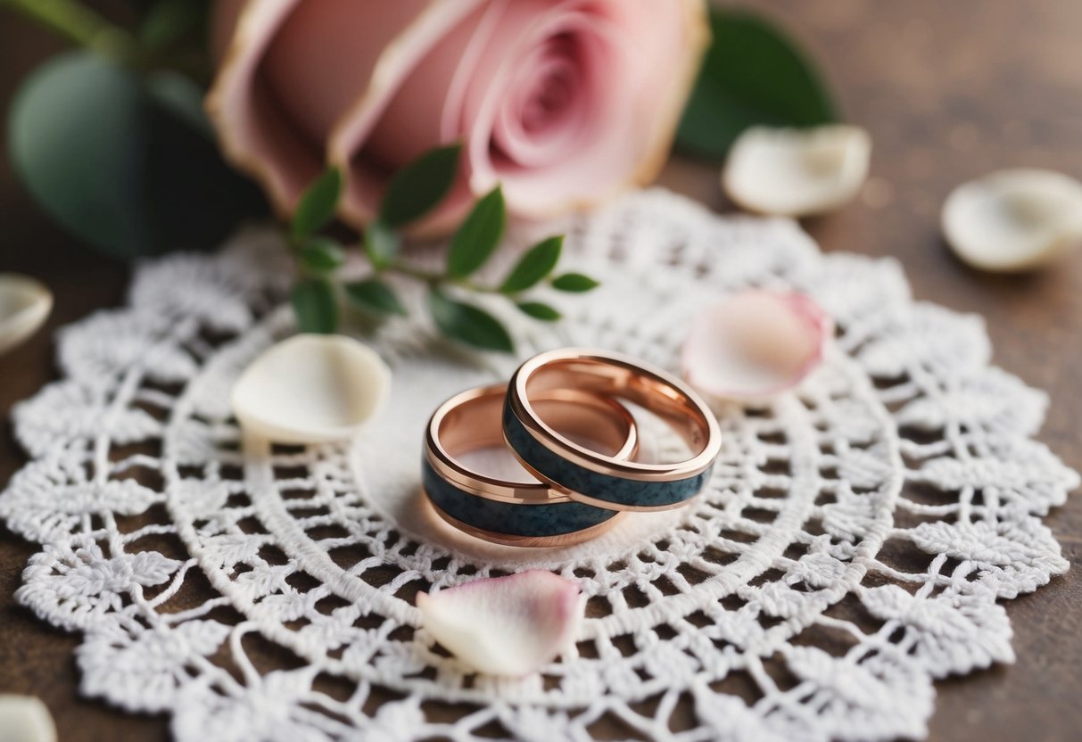 A pair of elegant wedding rings resting on a delicate lace doily, surrounded by a scattering of rose petals and a sprig of greenery