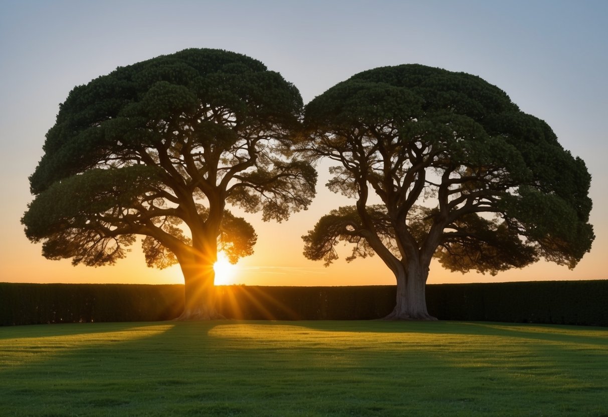 A serene garden with two intertwining oak trees under a golden sunset