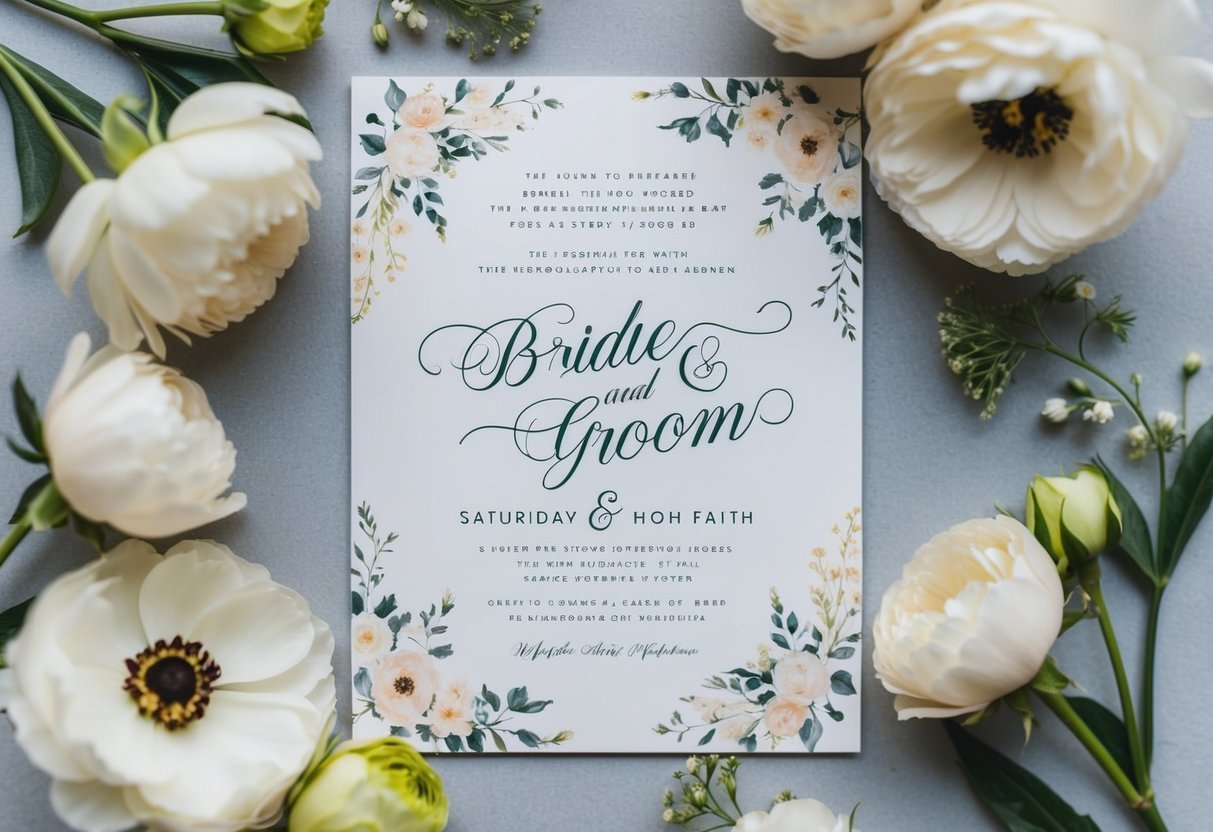 A wedding invitation with elegant calligraphy, featuring the names of the bride and groom, surrounded by delicate floral designs
