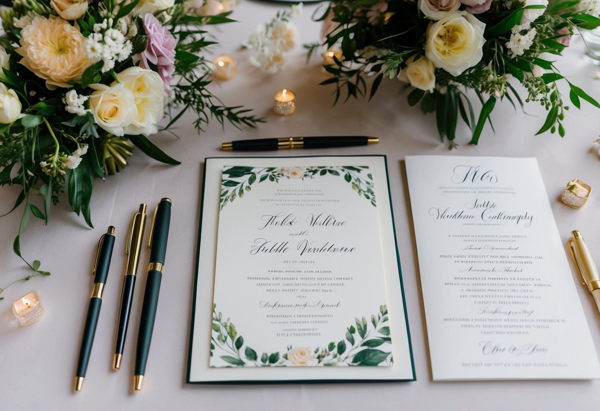 A wedding invitation and program are laid out on a table, surrounded by floral arrangements and elegant calligraphy pens