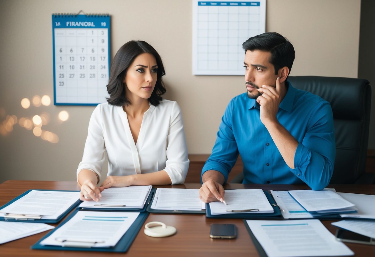 A couple sits at a table surrounded by legal and financial documents, looking concerned. A calendar on the wall shows the current date