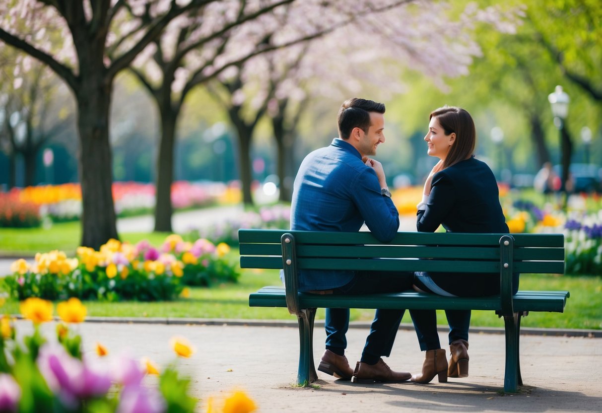 A couple sitting on a park bench, surrounded by blooming flowers and trees, engaged in deep conversation