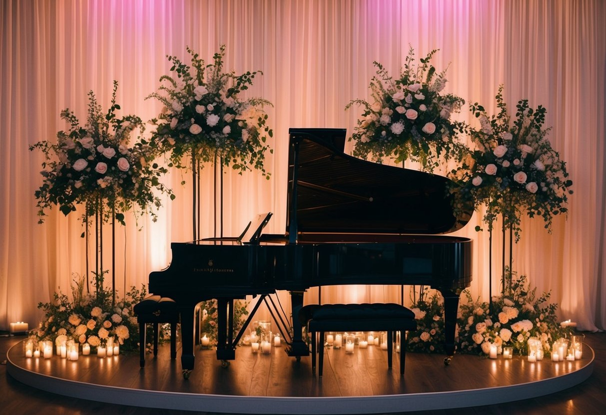 A grand piano bathed in soft candlelight, surrounded by elegant floral arrangements and flickering tea lights, sets the stage for a romantic wedding reception