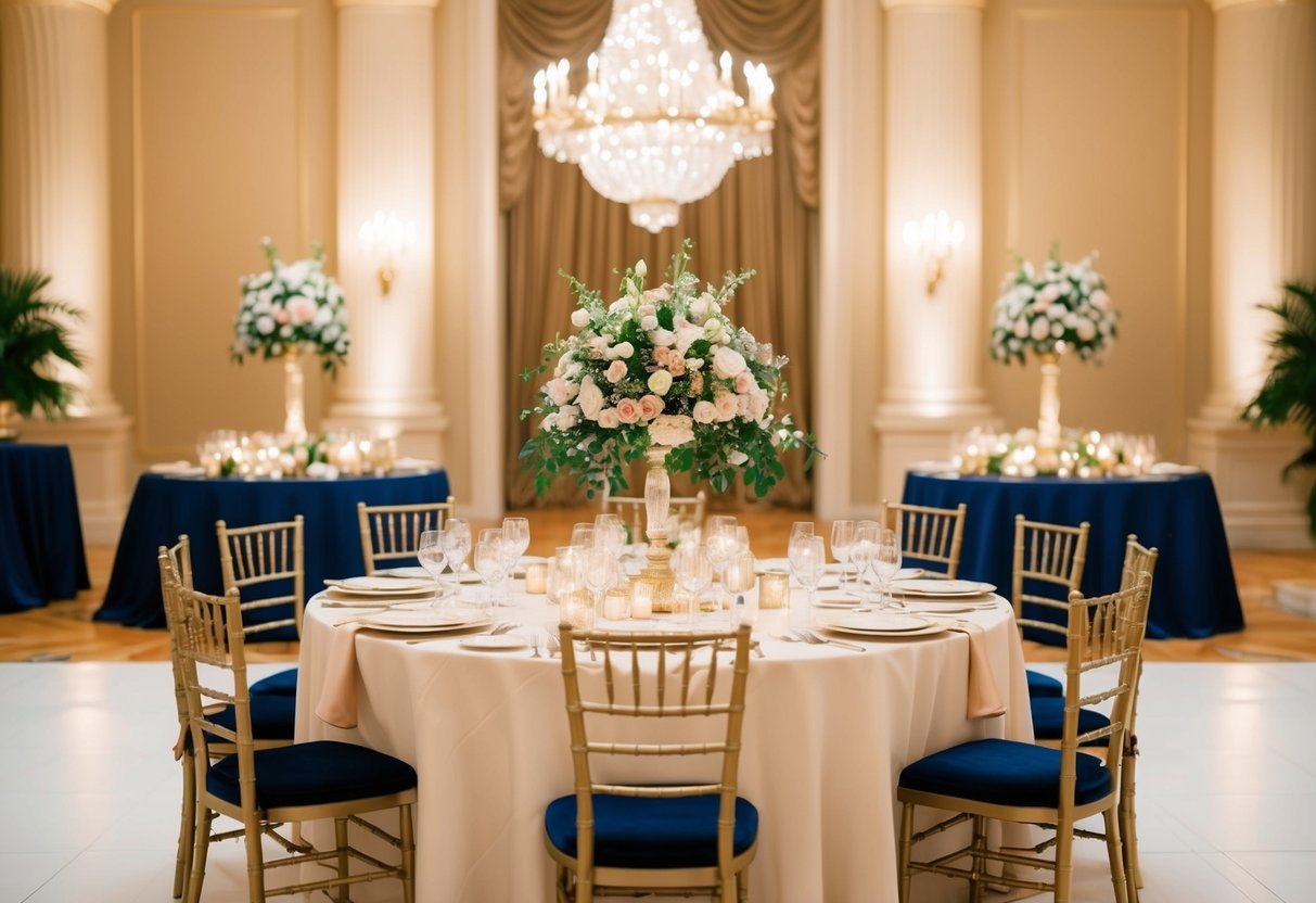 A grand ballroom with elegant decor, a lavish banquet table, and a stunning floral arrangement