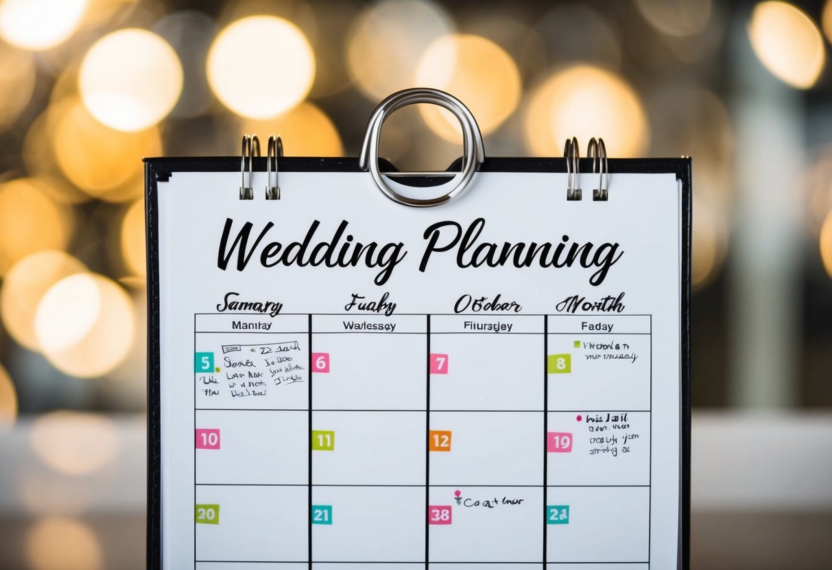 A calendar with wedding planning notes and deadlines marked for 6 months