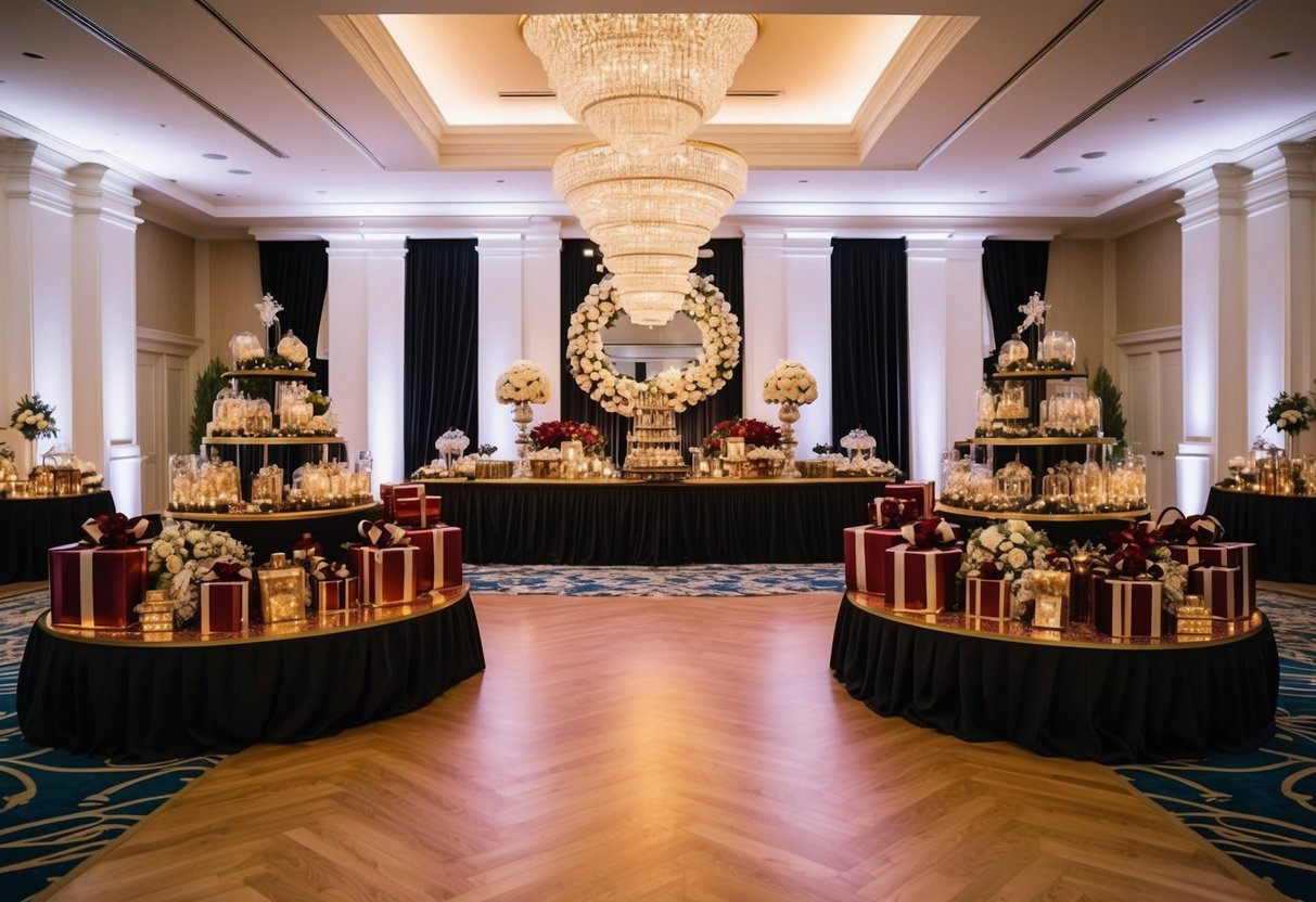 A lavish reception hall with elegant decor and expensive gifts displayed