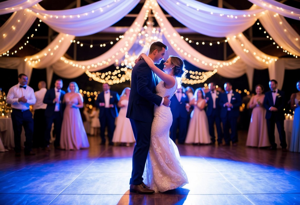 A couple dances close together on a dimly lit dance floor, surrounded by twinkling lights and romantic decor