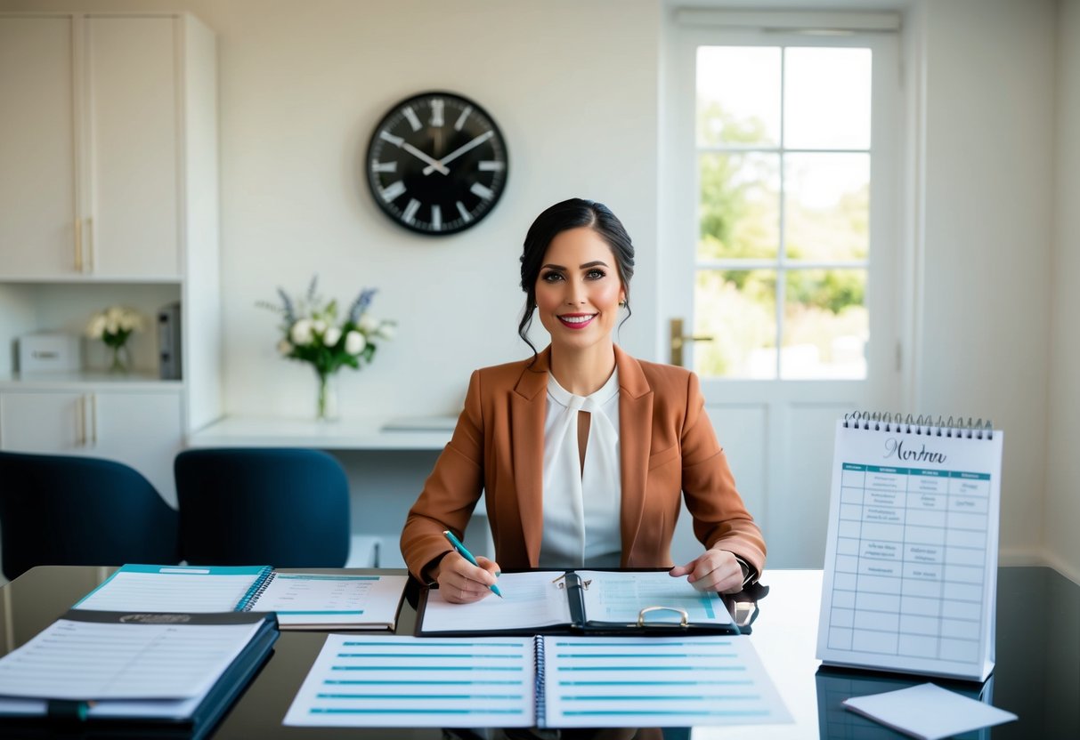 A wedding planner sits at a desk with a calendar, budget spreadsheets, and guest list. A clock on the wall shows the passage of time