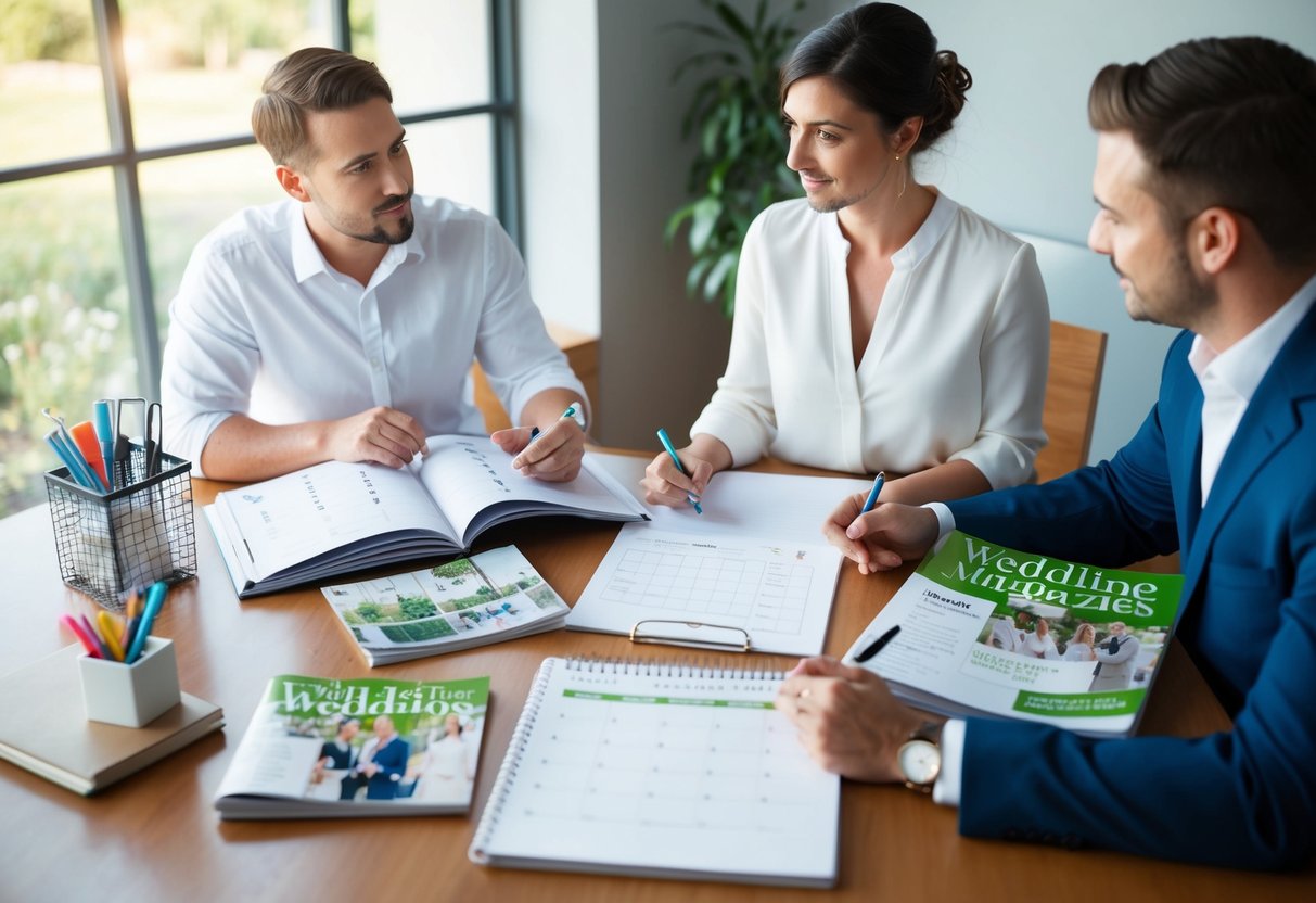A busy desk with a calendar, wedding magazines, and a checklist. A couple discussing plans and making notes