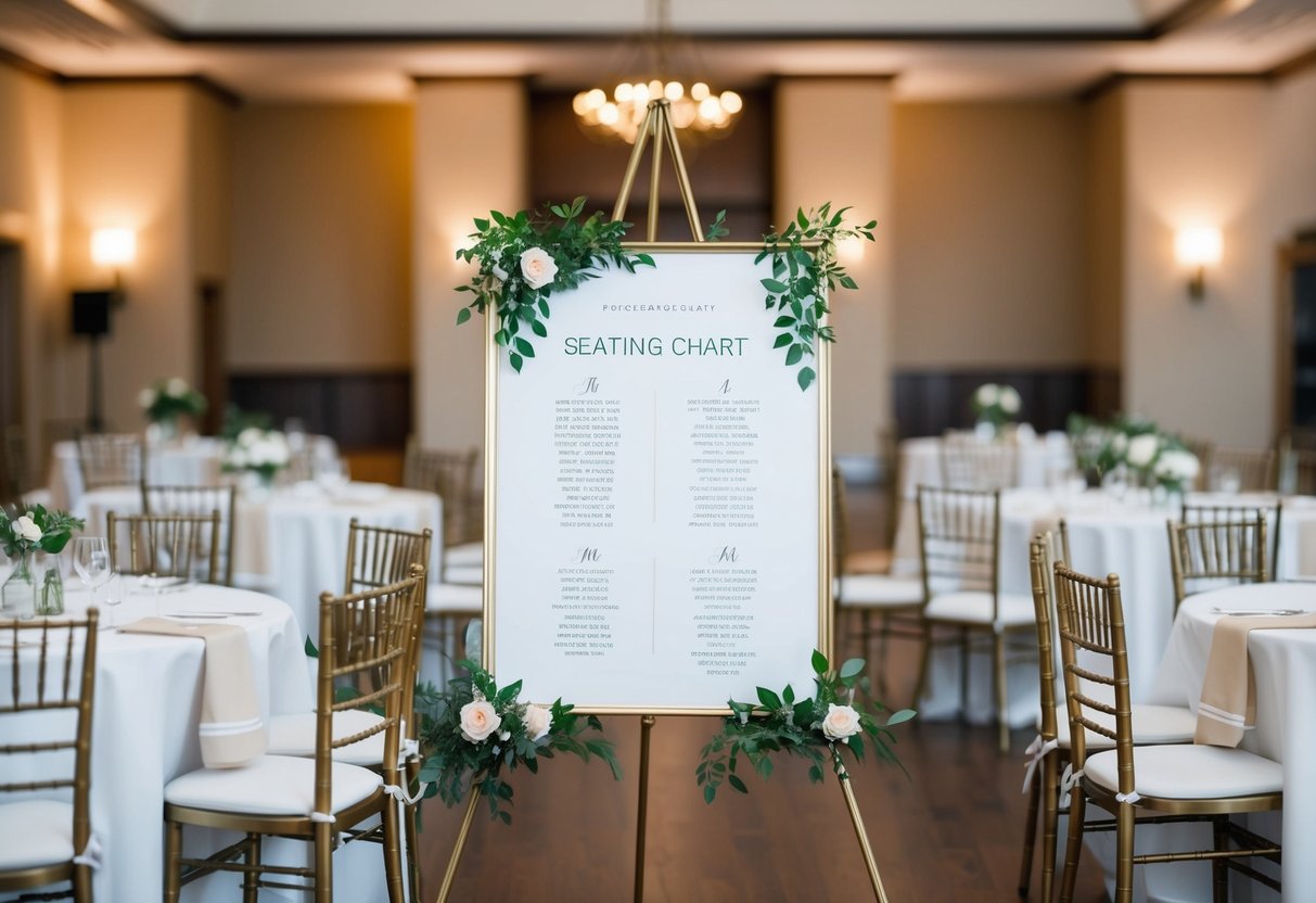 A seating chart with labeled tables and chairs arranged in a reception hall