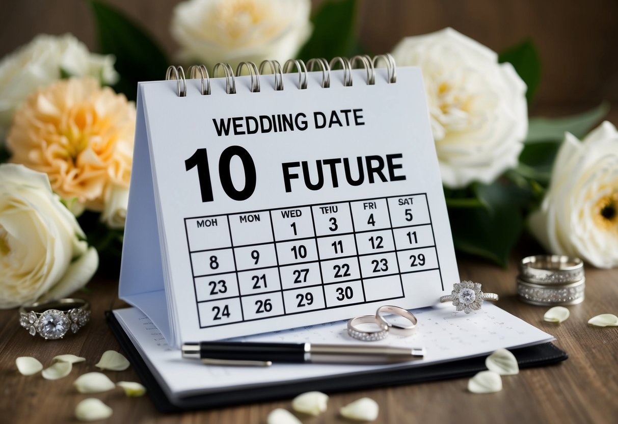 A calendar with a circled date 10 months in the future, surrounded by wedding-related items like rings and flowers