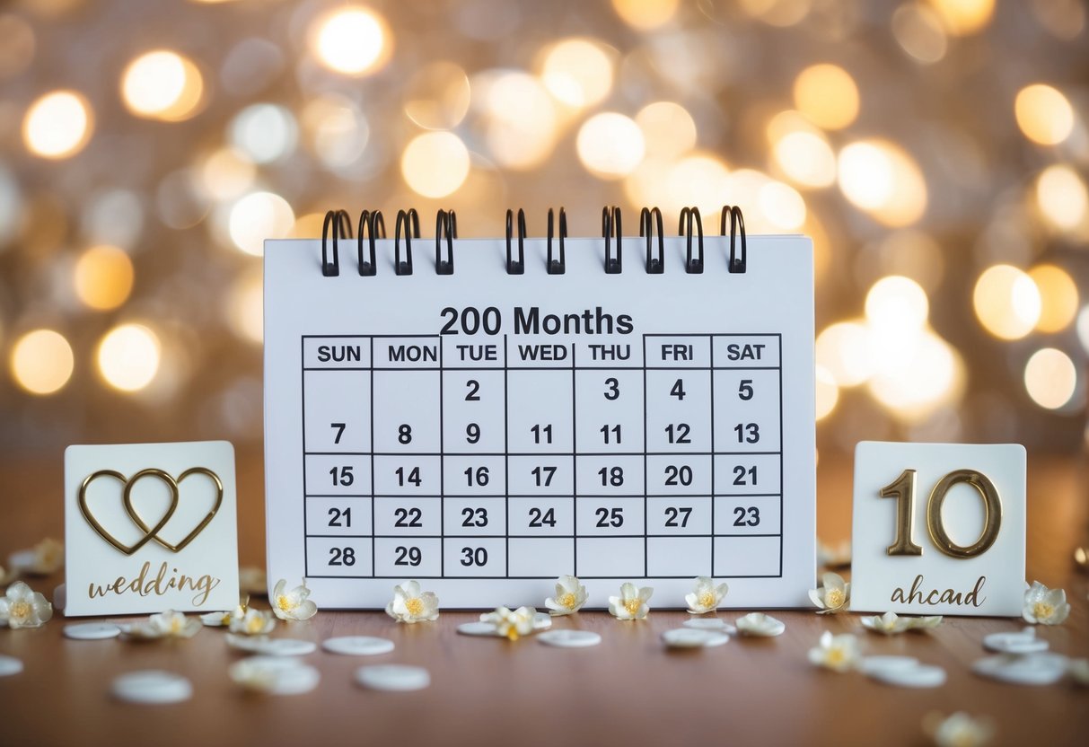 A calendar with the date 10 months ahead circled, surrounded by wedding-themed decorations and symbols