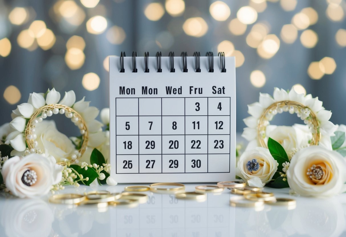A calendar with the month marked 10 months ahead, surrounded by wedding-themed decorations and symbols