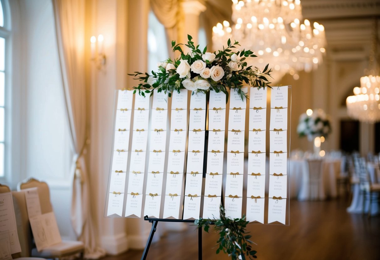 A beautifully decorated seating chart with placeholders for Mr. and Mrs. awaits final touches before the wedding day