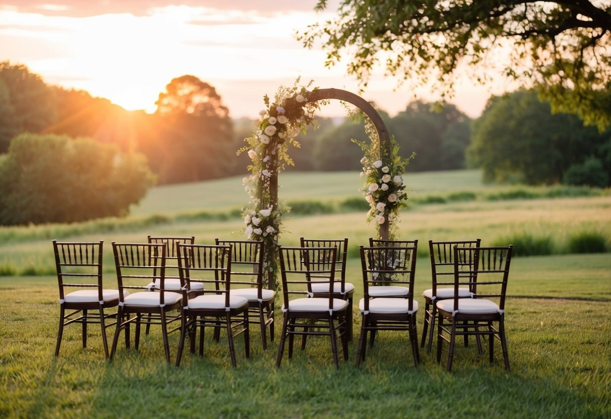 A serene outdoor setting with the sun beginning to set, casting a warm glow over the landscape. A small gathering of chairs arranged in front of an archway adorned with flowers