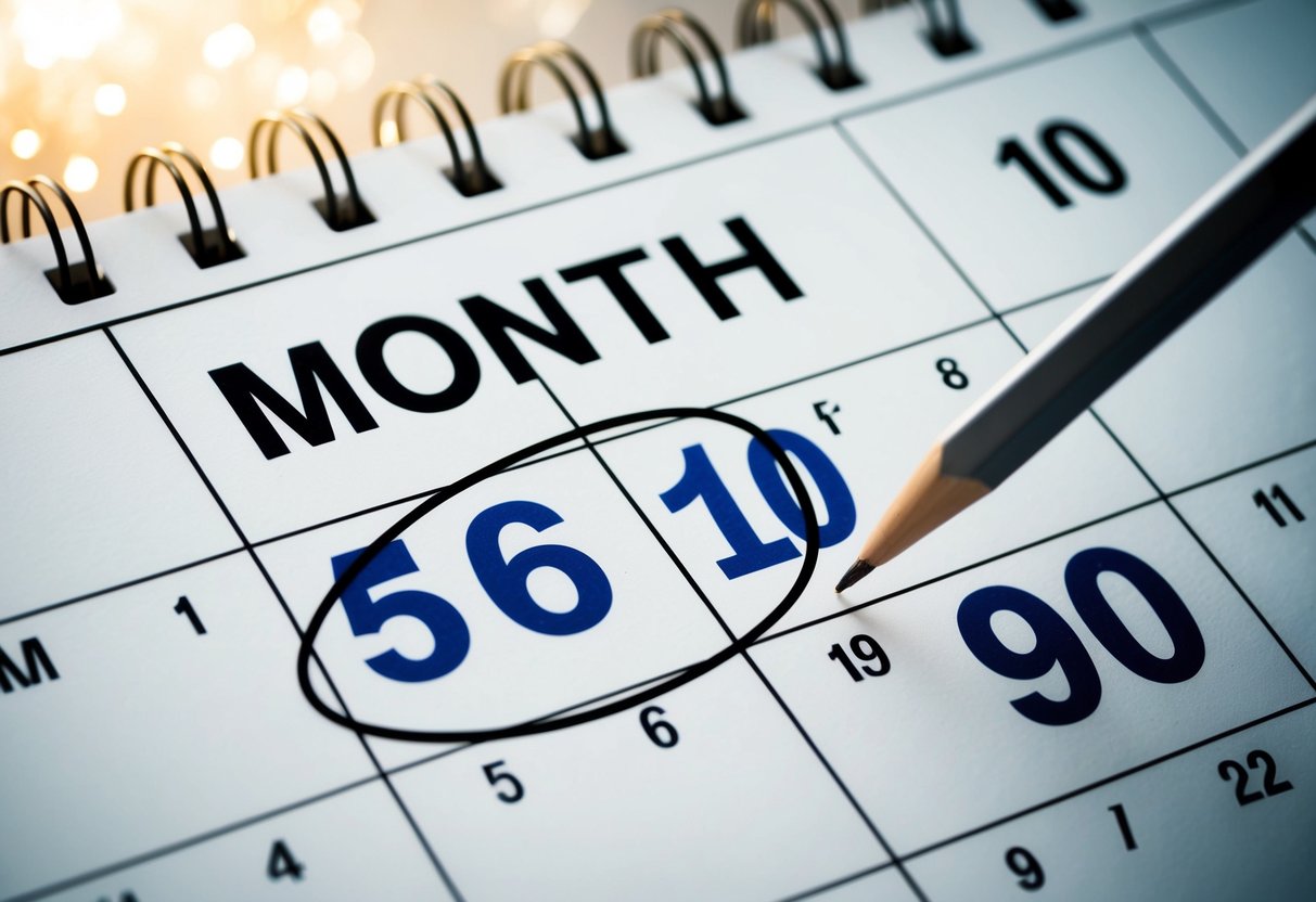 A calendar with the month of the current date crossed out and the month 10 months ahead circled. A pencil hovers over the circled date