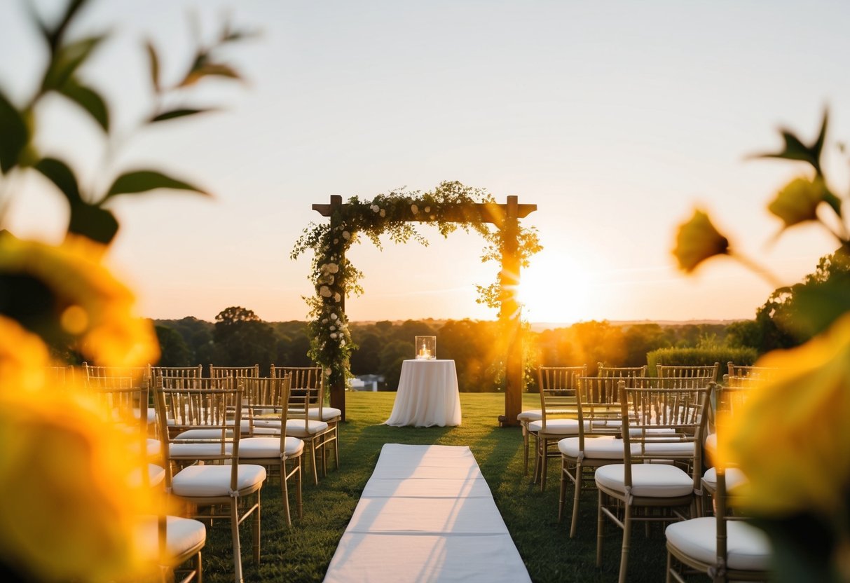 A golden sun setting behind a serene outdoor wedding venue, casting a warm glow over the ceremony space