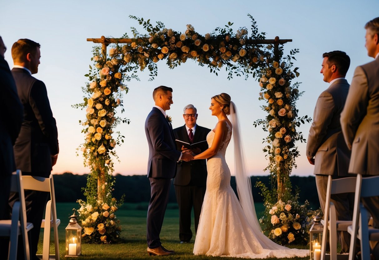 A serene outdoor wedding ceremony at dusk, with warm golden light illuminating the scene. A floral arch frames the couple as they exchange vows under a clear evening sky